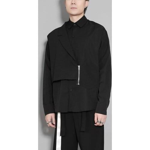 Mens Long-Sleeve Shirt Spring And Autumn New Solid Color Lapel Irregular Asymmetric Three-Dimensional Cutting Splicing Leisure