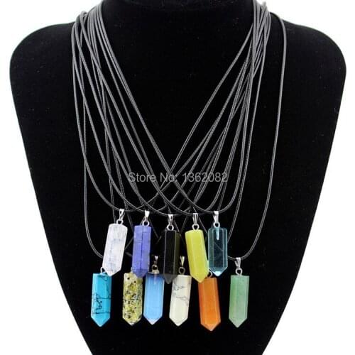 Men Womens Natural Stone Crystal Quartz 25*18mm Hexagonal Prism Beads Healing Pointed Pendant Leather Rope Necklace MN425