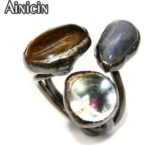 Natural Tiger Eyes Labradorite Combination Flower Shape Antique Bronze Plating Open Rings For Women Jewelry 10pcs