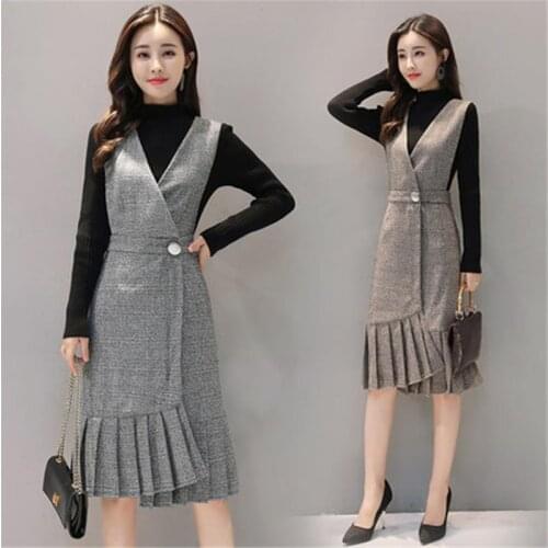 2019 autumn and winter new womens fashion temperament sweater top dress two-piece suit