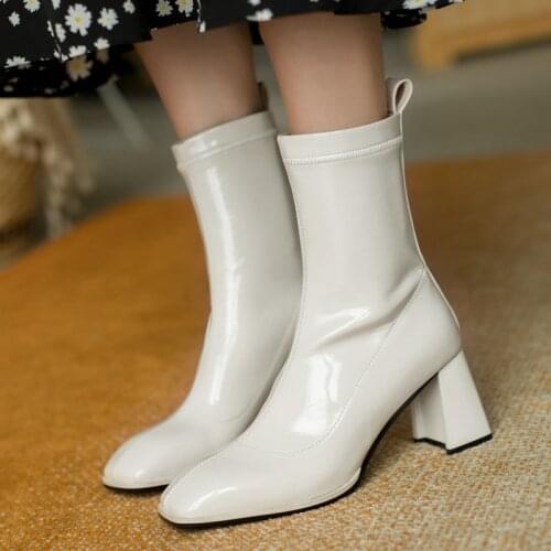 Autumn New Niche Chic One-step Mid-Calf Boots Women Fashion Patent Leather High Heels Square Toe Thick Heel Spring Shoes White
