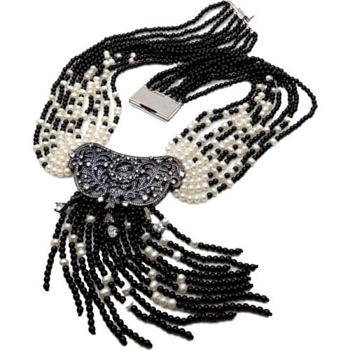 9 Strands Freshwater White Pearl Black Onyx Necklace gunmetal color plated CZ Pave Pendant 19" for women