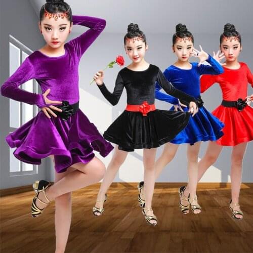 2018 New Arrival Girls Latin Dance Dress Children Long sleeve Velvet For Ballroom Cha Cha Rumba Competition Dancing Dresses