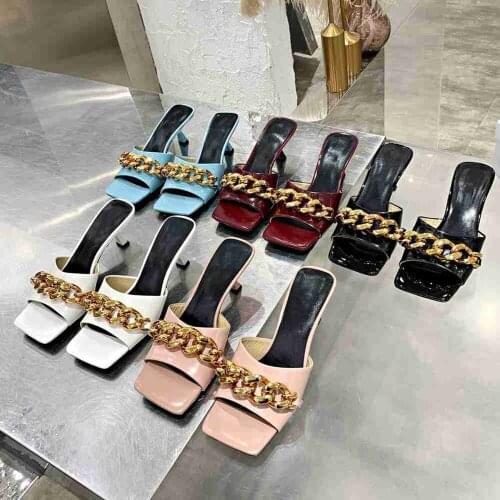 Chain Decor Mules Women Slides Female Sqaure Toe Genuine Leather Shoes Ladies Kitten Heels Luxury Brand New Designer Woman Shoes