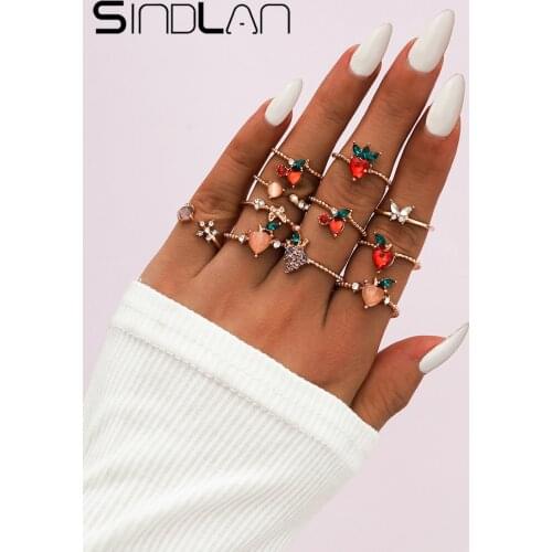 Sindlan 11PCs Cute Gold Fruit Ring Set for Women Sweet Open Rhinestone Butterfly with Crystal Girls Finger Jewelry Gift Anillo