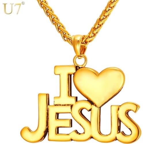 U7 Jesus Heart Necklace For Men/Women Gift Gold Color Stainless Steel Christian Jewelry "i Love Jesus" Pendant & Chain P870