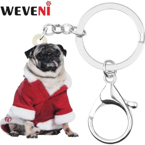 WEVENI Acrylic Christmas Costume Pug Dog Key Chains Animal Key Rings Hangbag Car Purse Keychains For Women Girl Teen Charms Gift