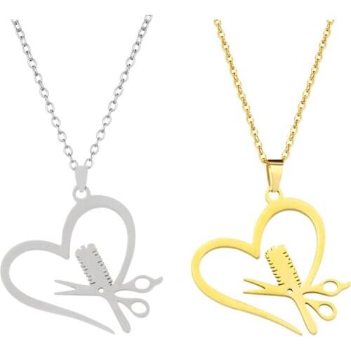 Stainless Steel Hairdresser Scissor Comb Pendant Necklace Heart Hair Stylist Jewelry for Women Girls