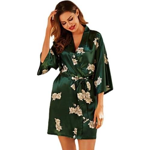 Womens Sexy Robes Summer Thin Seven-sleeve Casual Morning Robes Homewear Printed Nightwear Knee-Length Faux Silk Sleepwear