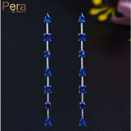 Pera Slim Royal Blue Cubic Zirconia Silver Color Geometry Shape Link Drop Long Line Earring for Women Fashion Brand Jewelry E775