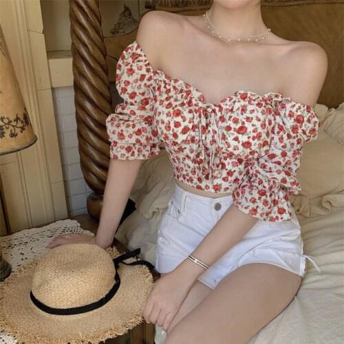 2021 New fashion Women Floral Print Crop Tops, Short Puff Sleeve Off Shoulder Tie Up Front T-Shirts
