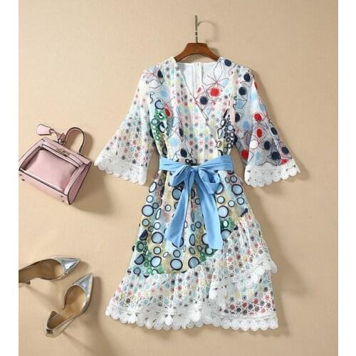 Newest HIGH QUALITY Fashion 2021 Designer Runway Dress Womens V-neck Half Sleeve Colorful Dot Lace Patchwork Appliques Dress