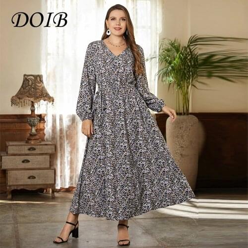DOIB Women Floral Print Dress Large Size Women V Neck Loose Casual Sashes Plus Size Dress 2021 Fashion Female Dress
