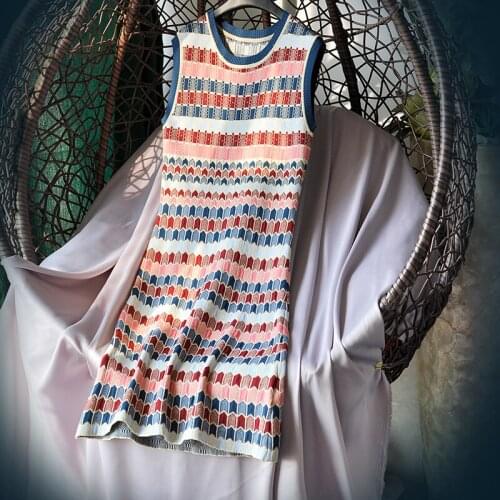 Ribbed Mini Vintage Dress Women Sleeveless Sexy Scales Pattern Party O Neck Knit Club Tank Embroidery Short Summer Sweater Dress