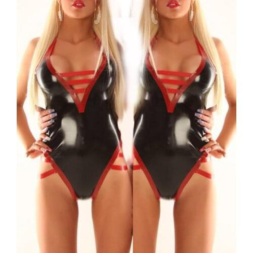 100% handmade no zipper latex Fetish tight suit womens sexy swim suit with red trim decorations