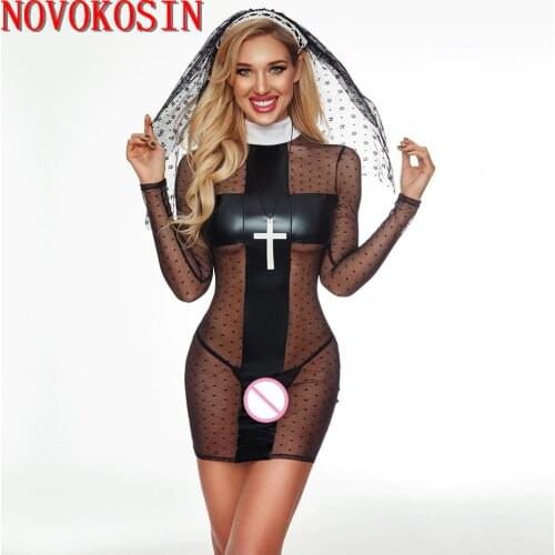2021 Black Faux Leather Dot Net Nun Cosplay Costume Abstinence Uniform Cross Chain PU Sexy Transparent Dress Veil Seductive Set