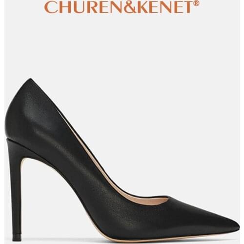 2021 Black Leather High Heels Women Pumps Chic Pointed Toe Stilettos Office Shoes Woman Elengant Solid Color 10cm Heels Shoes