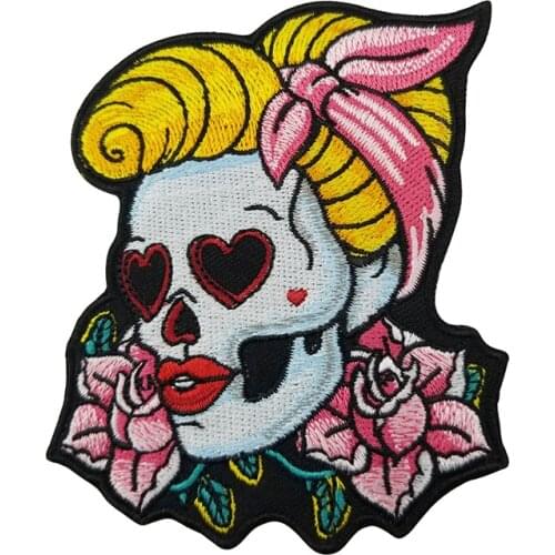 3.54 INCH Loving Eyes Pin Up Girl & Pink Rose Skull Patch Ladies Back Embroidered Iron On Badges For Clothing Free Shipping