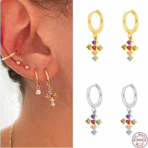 Aide 925 Sterling Silver Colorful CZ Crystal Cross Charm Dangle Circle Earrings For Women Luxury Rainbow Pendiente Drop Earrings