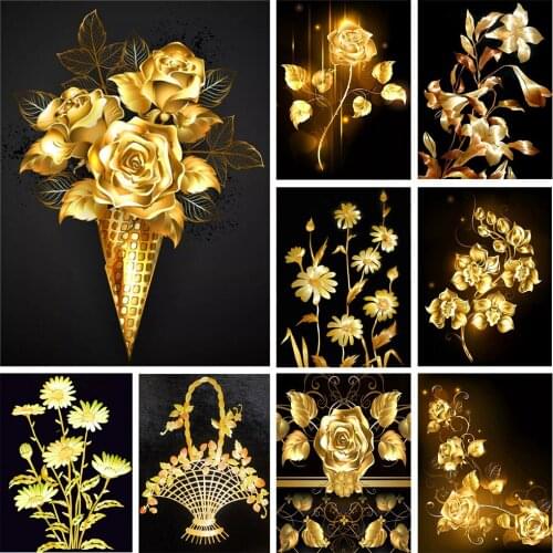 Full Square Drill Diamond Painting Golden Flower Diamond Embroidery Rhinestone Home Decoration Gift