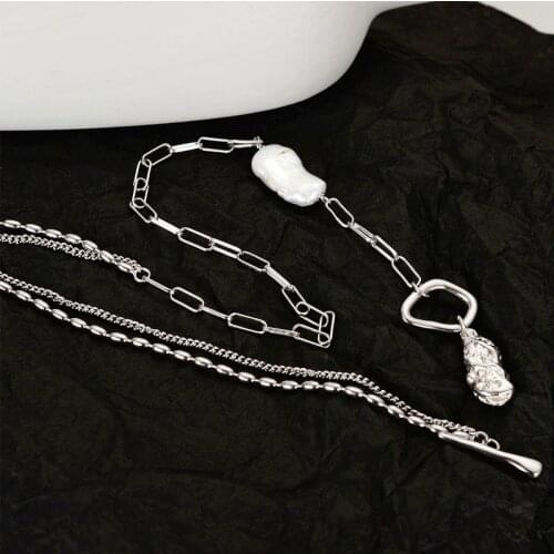 Amaiyllis S925 Sterling Silver Minimalist Textured Baroque Pearl Clavicle Necklace Punk Hip Hop Chain Necklace For Women Jewelry