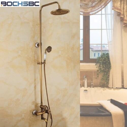 BOCHSBC Antique Brass Shower Set with Carved Rainfall Shower Head/Hand Shower/Angle Valve/Bracket
