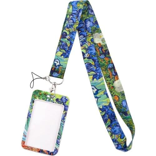 DZ1785 Lris Flower Art Neck Strap Lanyards Keychain Badge Holder ID Card Pass Hang Rope Lariat Lanyard Key Ring Gift Accessories