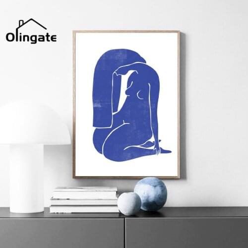 Woodblock Style Figure Poster Abstract Female Blue Nude Art Prints Wall Art Canvas Painting of One Piece for Bedroom Home Decor