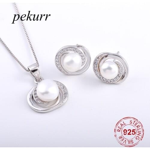 Pekurr 925 Sterling Silver Zircon Boomerang Freshwater Natural Pearl Earrings Necklace Sets For Women Round Pendants Jewelry