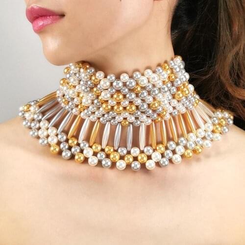 MANILAI Imitation Pearl Statement Necklaces For Women Collar Beads Choker Necklace Wedding Dress Beaded Jewelry