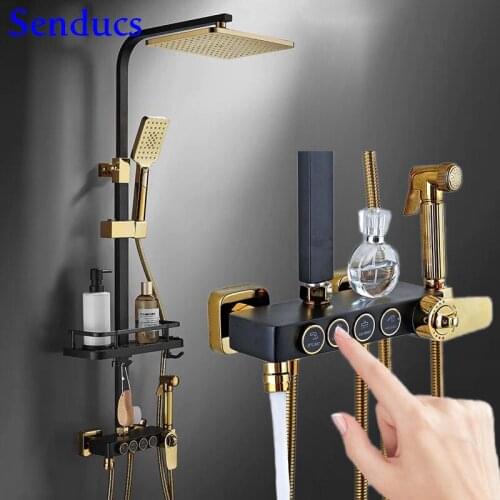 Matte Black Bath Shower Faucet Luxury Thermostatic Shower Set Black Gold Copper Bathtub Faucets Spa Rainfall Bathroom Shower Set