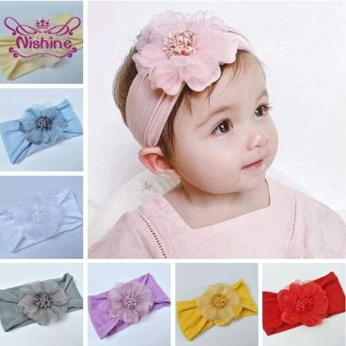 Nishine Toddler Soft Comfortable Nylon Headband Solid Color Handmade Flowers Elastic Hairband Princess Headwear Birthday Gifts