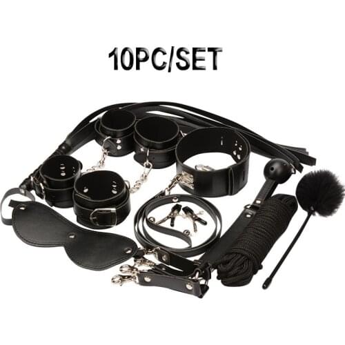 Newly 10PCS Cosplay Sex Toy Set Whip Handcuff Shackle Neck Sleeves Tied Rope Eye Mask Mouth Ball Nipple Clip Tickle Buckle