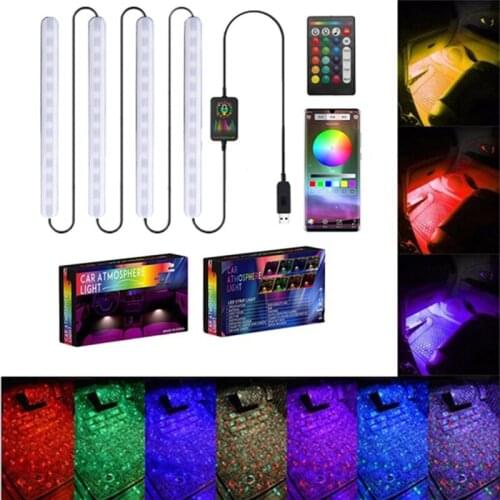 4Pcs/Set RGB LED Car Atmosphere Lights Strip Undercar Glow Lights With Voice Control /Remote Control USB/Adapter Car Decoration