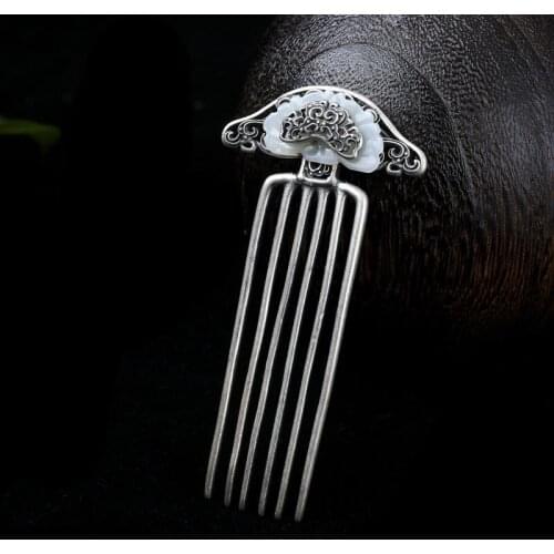 Vintage 925 Sterling Silver Hair Comb Jade Fan Hair Fork Women Luxury Jewelry