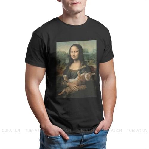 Vintage Alternative Funny Artwork Mona Lisa with Cat Men Tshirt Homme Graphic Clothes Oversize Design Cotton Harajuku T Shirt
