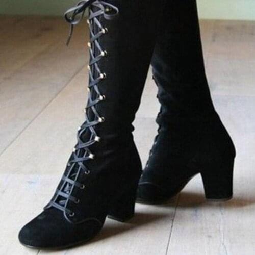 2021 Women Boots Plus Size Fashion Casual Vintage Retro Mid-Calf Boots Lace Up Thick Heels Autumn Winter Warm Shoes Mujer