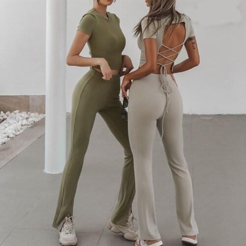 Casual Clothing Sets Women Crop Top Fashion High Waist Wide Leg Pants Two-Piece Suit Summer New Round Neck Slim Sports Suit