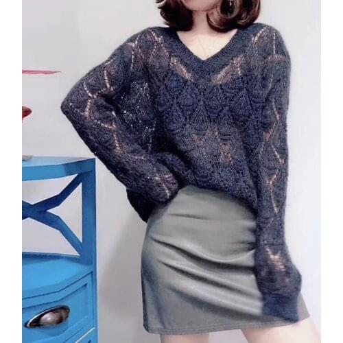 European station mohair sweater womens 2021 spring and autumn new loose hollow and lazy diamond lattice v-neck sweater