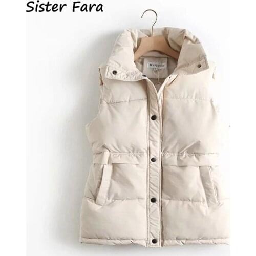 Sister Fara Autumn Winter Womens Windproof Warm Waistcoat Solid Loose Vest Ladies Stand Collar Long Cotton Padded Vest Jacket
