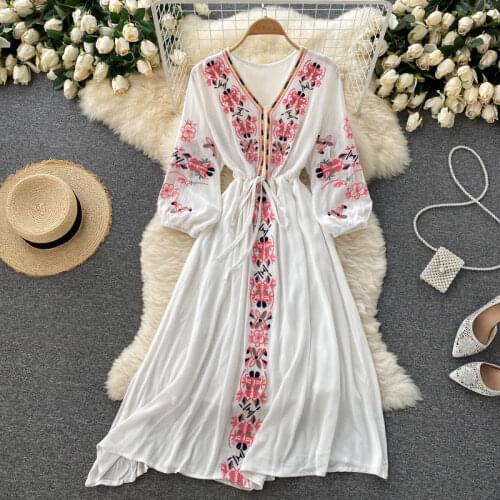 Retro Heavy Industry Embroidery V-neck Drawstring Tie Waist Thinner Mid-length Travel Vacation Dress Female