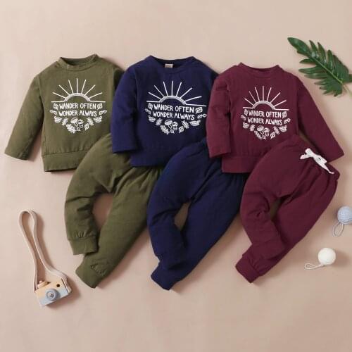 New 2 Pcs Infant Casual Outfits, Baby Cartoon & Letter Print Long Sleeve Round Neck Pullover + Drawstring Pants