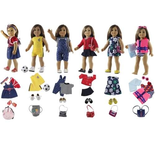 6 Set Doll Clothes+5 pairs shoes+4 random bag+one towel+one football+one pairs glasses for 18 inch American Doll