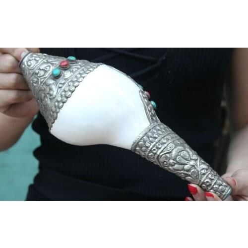 Free shipping Collect rare old Tibet Silver turquoise coral buddhism Conch Trumpet Horn Shell