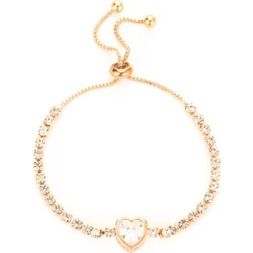 Bling Clear Crystal Chain Sweet Geometric Circle Heart Shape Golden White Rose Gold Alloy Bracelets For Women Girls Adjustable