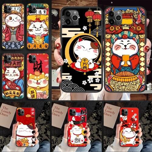 Japan Cute Lucky Cat Phone Case Cover Hull For iphone 5 5s se 2 6 6s 7 8 12 mini plus X XS XR 11 PRO MAX black pretty Etui