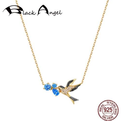 BLACK ANGEL New Handmade Enamel Swallow Necklace for Woman 925 Sterling Silver Fashion Sapphire Animal Pendant Jewelry