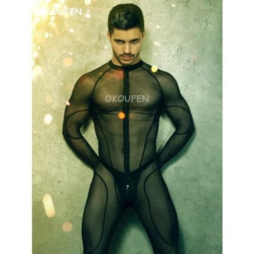 Black mesh perspective jumpsuit party performance new bar nightclub male singer DS stage costume