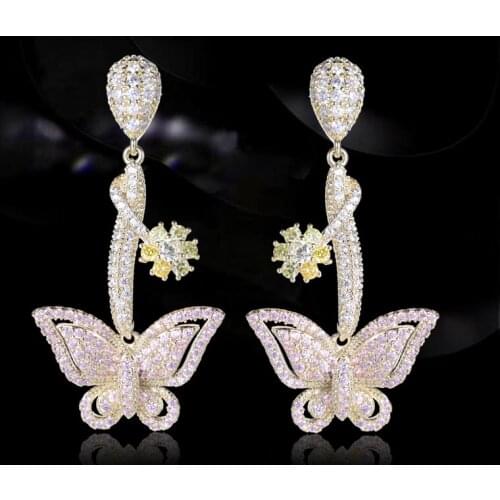 Elegant Geometric Pink Blue Cubic Zircon Crystal Long Dangle Butterfly Drop Earrings for Women Costume Jewelry Insect Earring