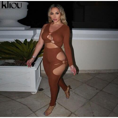 Kliou Sexy Knitted Two Piece Set Women Unique Design Irregular Shape Round Buckle Hollow Out Long Sleeve Sheath Slim Outfits